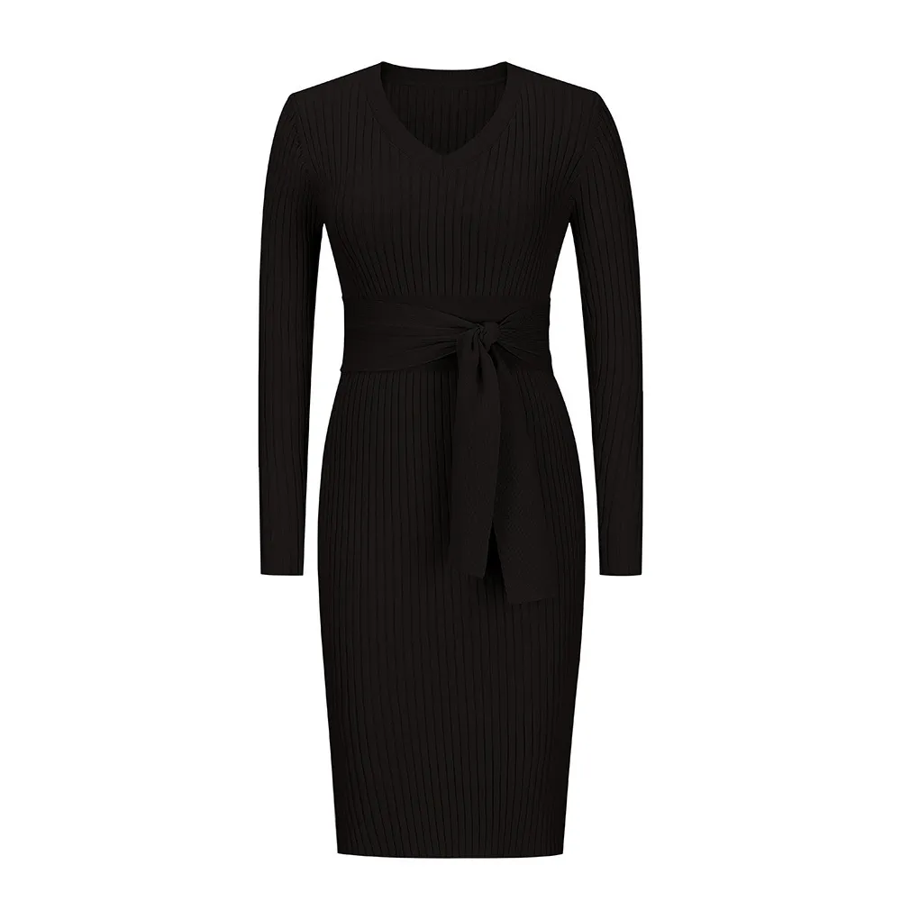 Womens Dresses New Look Tie Waist Knitted Dress In Black Womens Elegant  Long Sleeve V Neck