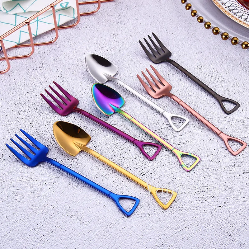 304 Stainless Steel Creative Shovel Spoons Color gold-plated fork Coffee spoon Delicate ice cream Scoop T9I002187