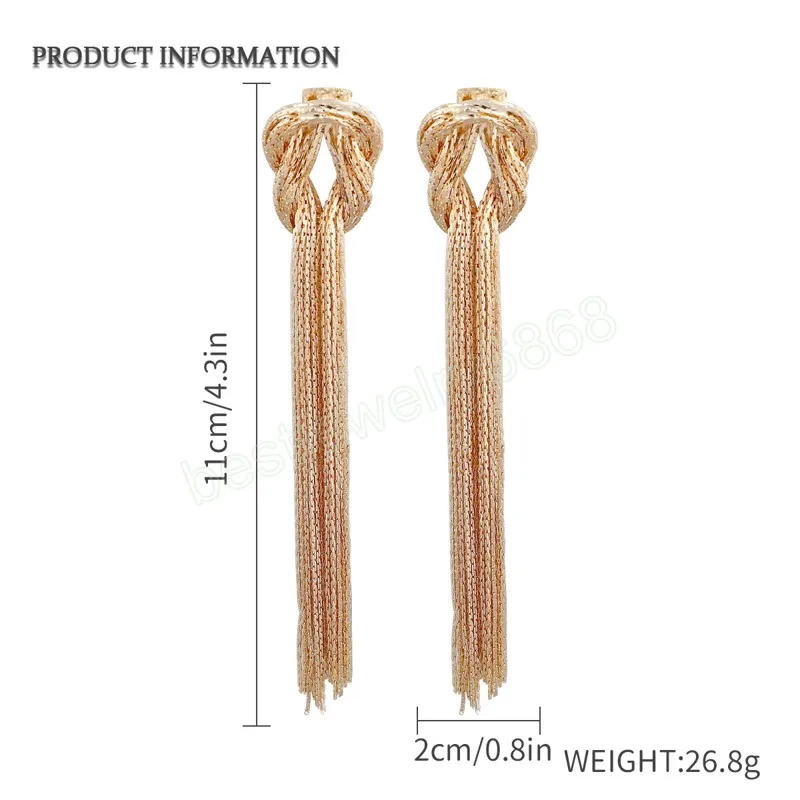 Koperen waterval bengelen oorbellen voor vrouwen vintage temperament lange kwast knoop versierde metalen oorbellen sieraden