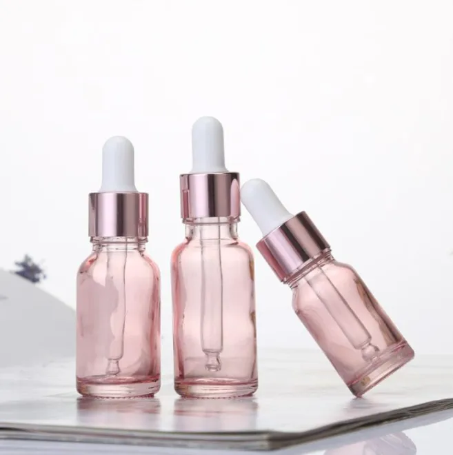 10–50 ml Kirschrosa-Glas-Parfümflasche für ätherische Öle, Flüssigreagenz-Pipette, Tropfflaschen mit roségoldenen Verschlussfläschchen