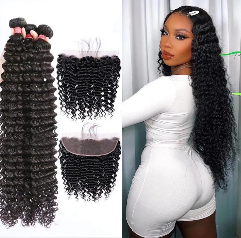 26 28 30 Inch Deep Wave Human Hair Weave Bundles With Lace Frontal Closure 13x4 Brazilian Hair 3 4 Bundles From Linjun09 126.95 DHgate.Com