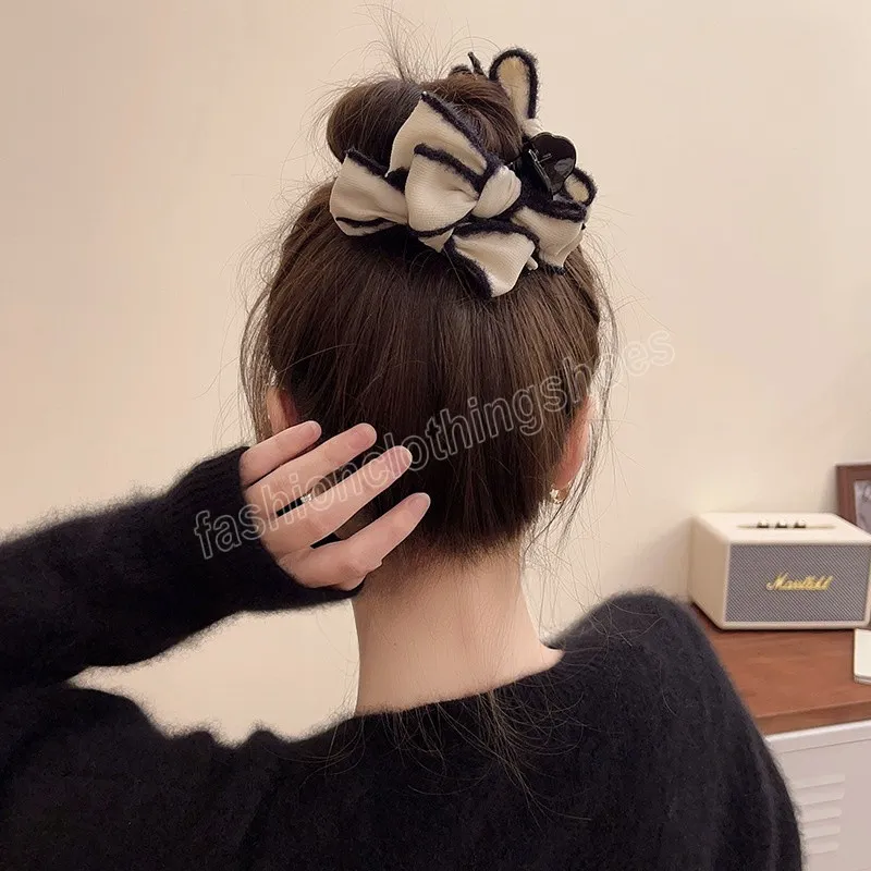 Vintage svart bowknot huvudbonader hårnål elegant stor bulle pontail hållare hårklipp kvinnlig hår smycken gåva
