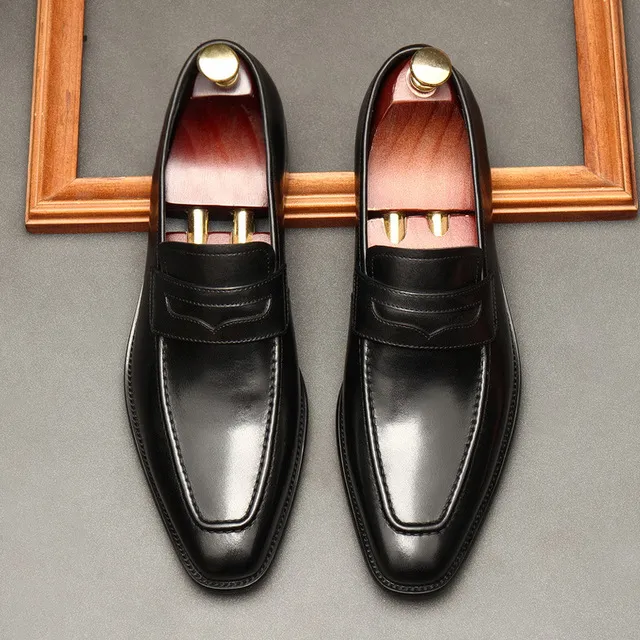 Large Size EUR37-46 Black / Brown Loafers Mens Business Dress Shoes Genuine Leather Prom Party Shoes