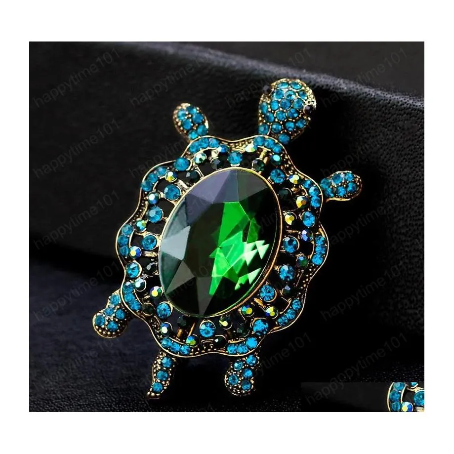 Pinos broches verdes e azuis Broche de tartarugas strôs de broche de cristal Broche de tortura de cristal para crianças Pins de jóias de animais de animais Dhjzw