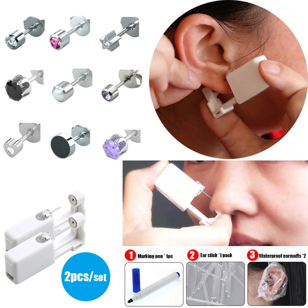 2Pcs/set Disposable Sterile Ear Nose Piercing Gun Kit Unit Safety Portable Self Ear Nose Pierce Tool with Studs Jewelry