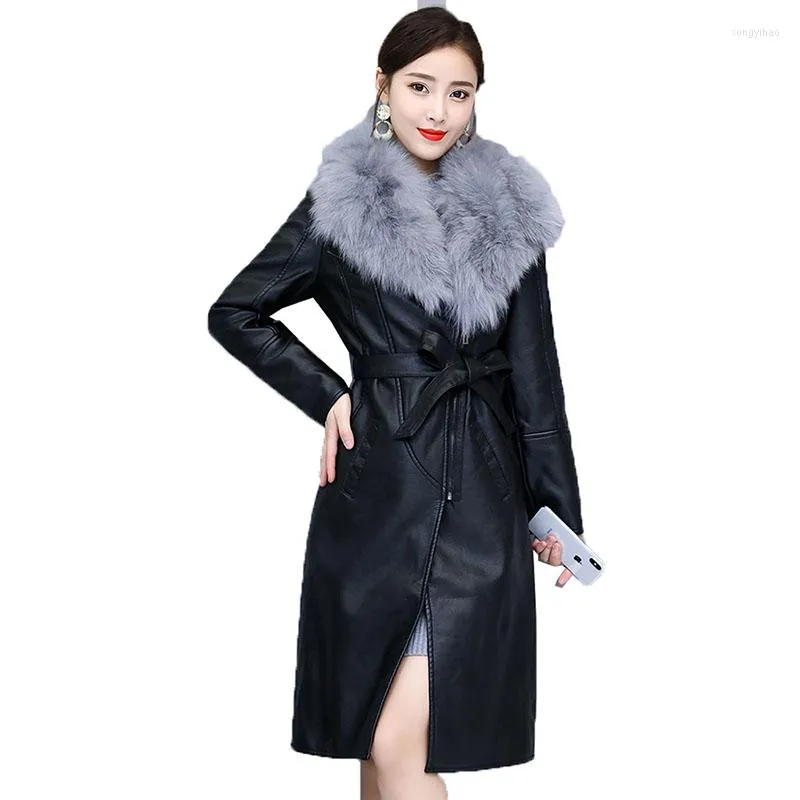 Giacca da donna in pelle da donna inverno 2022 Aggiungi velluto caldo sottile collo di pelliccia grande cappotto lungo capispalla femminile con cintura M-4XL