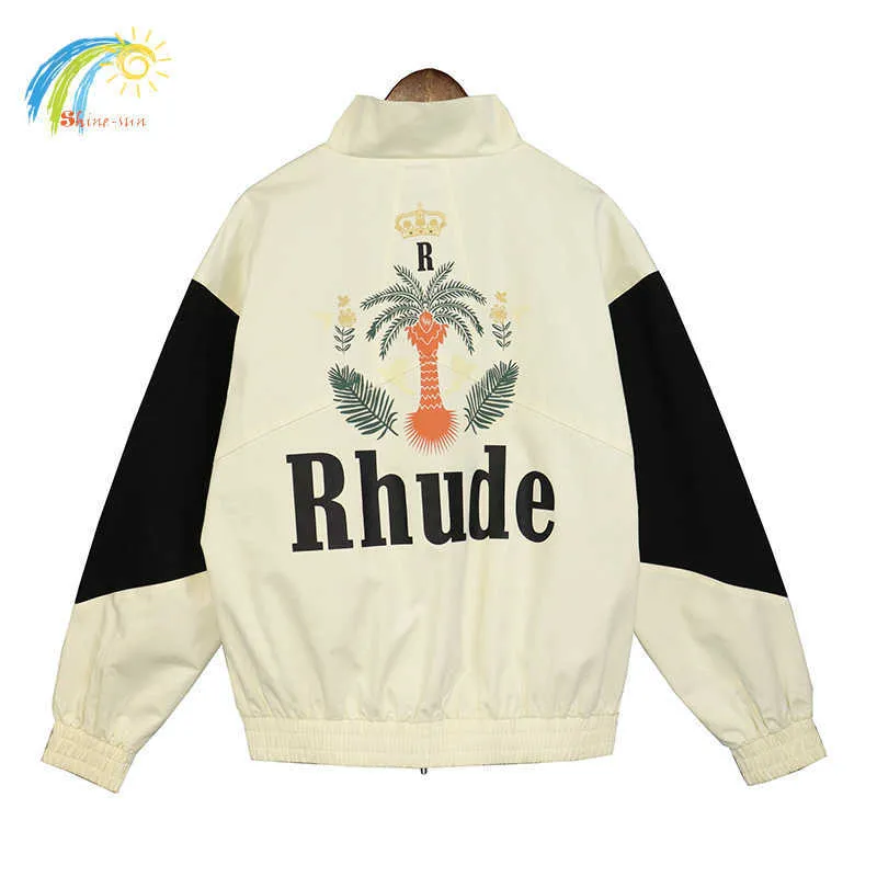 깨끗한 디자이너 Rhude 남자 브랜드 바지 Rhude 까마귀 캐주얼 한 느슨한 재킷 남자 여자 최고 품질 코코넛 트리 프린팅 블루 패치 워크 아웃복 코트 8394