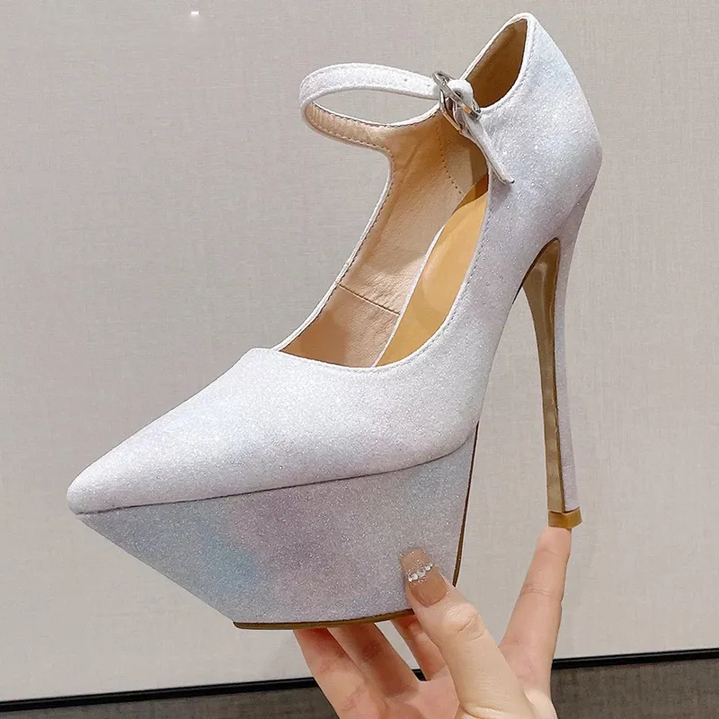 Dress Shoes 2023 New Sequins Cloud Color Pointed Waterproof Platform Flat Buckle High Heel Women's Shoes Lady Party Pumps 35-42