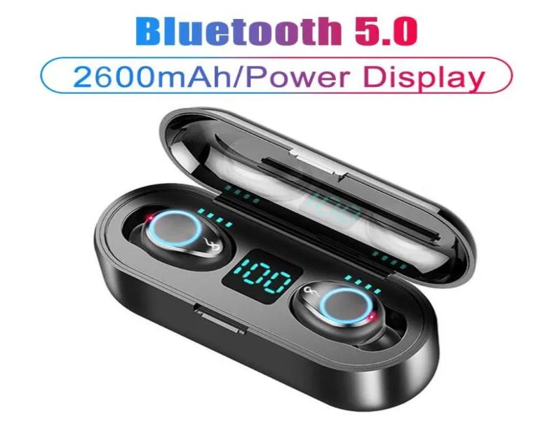 Nya F9 True Wireless h￶rlurar TWS Bluetooth 50 h￶rlurar 2600mAh Laddningsfodral 8D Stereo Headset med dubbel MIC LED Display5785041