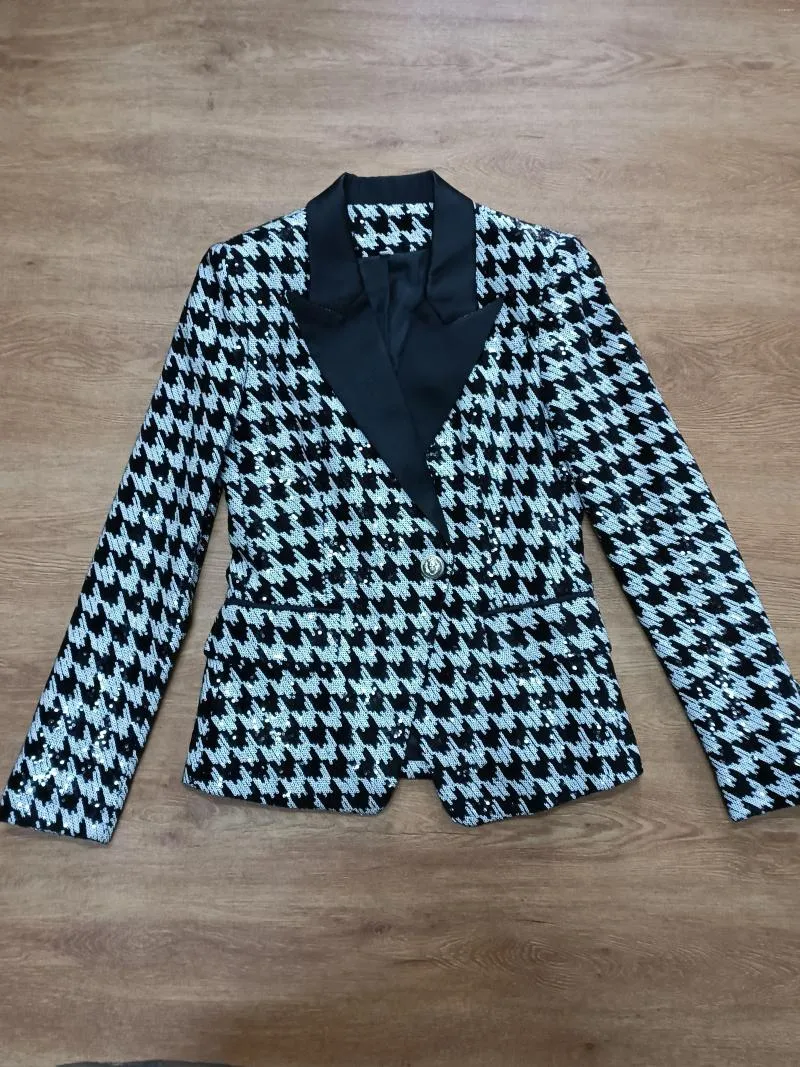 Kvinnors kostymer High Street EST 2022 Designer Jacket Women's Slim Fit Double Breasted Lion Buttons Houndstooth Sequin Blazer