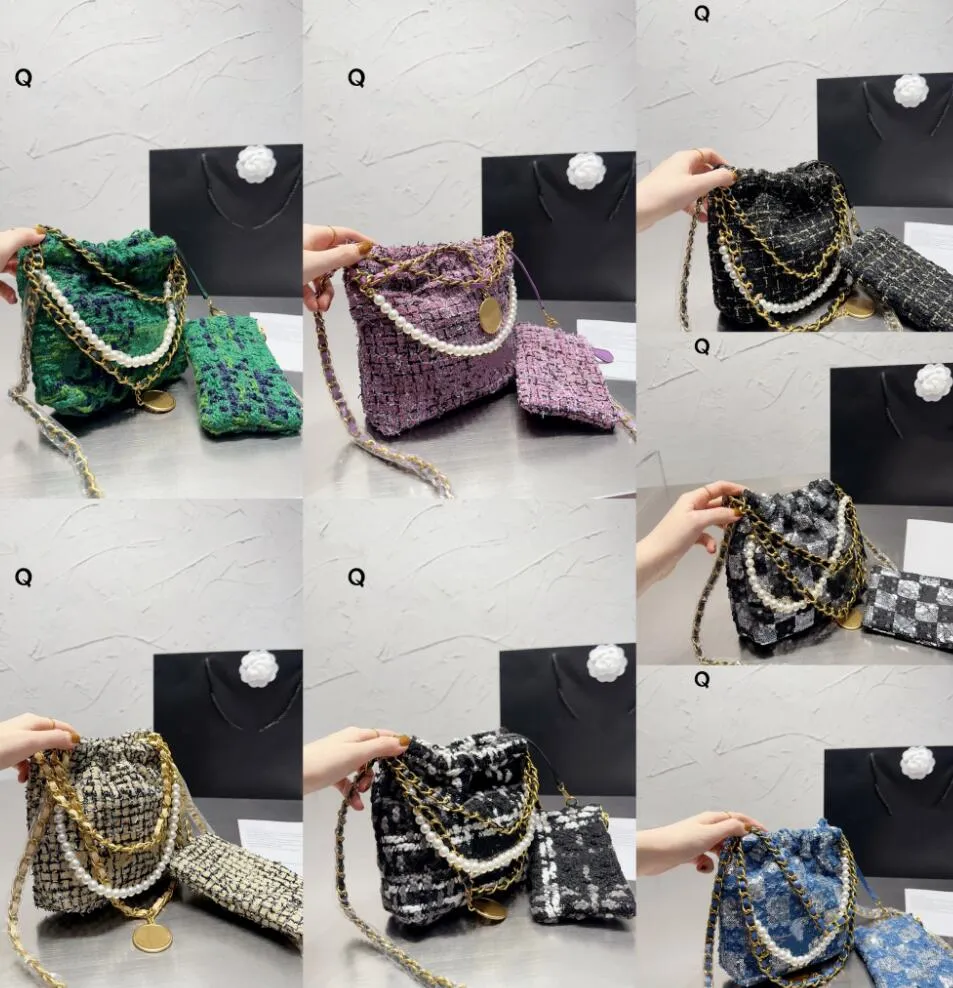 Sacos de compras de lã de inverno outono bolsa de bolsa feminina clássica Moda de pérolas de pérolas de ombro único LATTICE LATICINA RETRO TODAS 2PC MUDANÇA DE ALTERAÇÃO Bolsas de bolsa