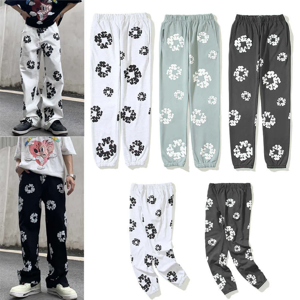 Calças masculinas Hip Hop High Streetwear Women Harajuku Joggers Clouds florais calças de perna reta soltas Algodão Terry T2221205