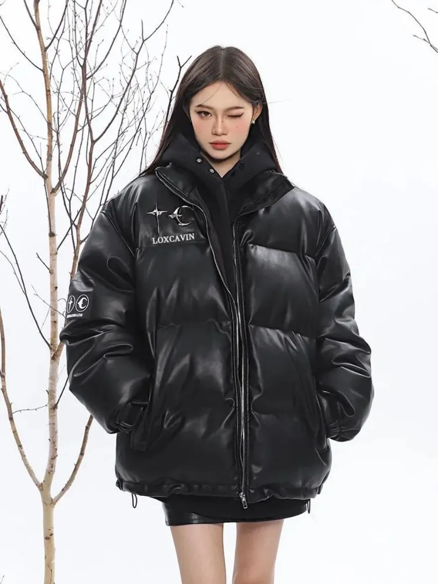 Women's Down Parkas Winter Design Metal Pu Leather Cotton Padded Jacket Womens Korean Version Thicked Stand Collar Bread Fashion 221205