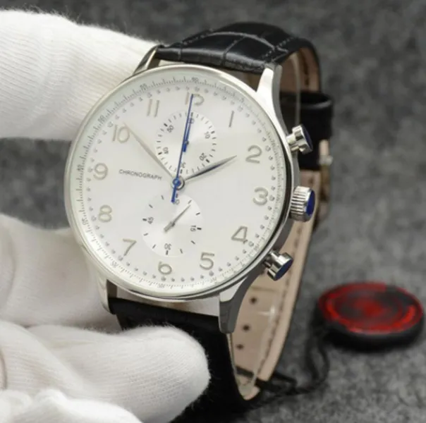 Haute Qualite Men's Quartz Battery Watch Luxury Brand Pilot White Dial Brown Leather Strap Chronograph Limited Designer Silver Case Professional Wristwatch