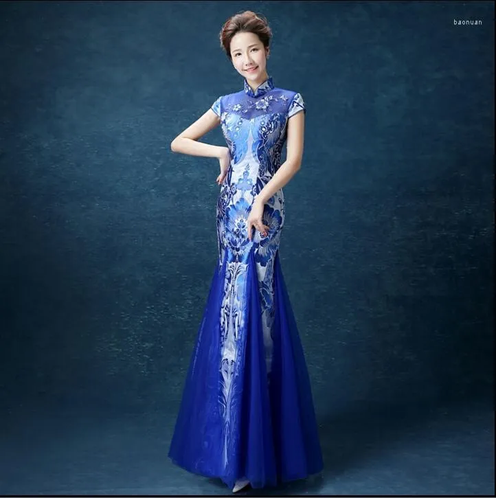 Vêtements ethniques Chinois Cheongsam Longue Robe Qipao Style Oriental Bleu Broderie Amélioration Scène Femmes Fête