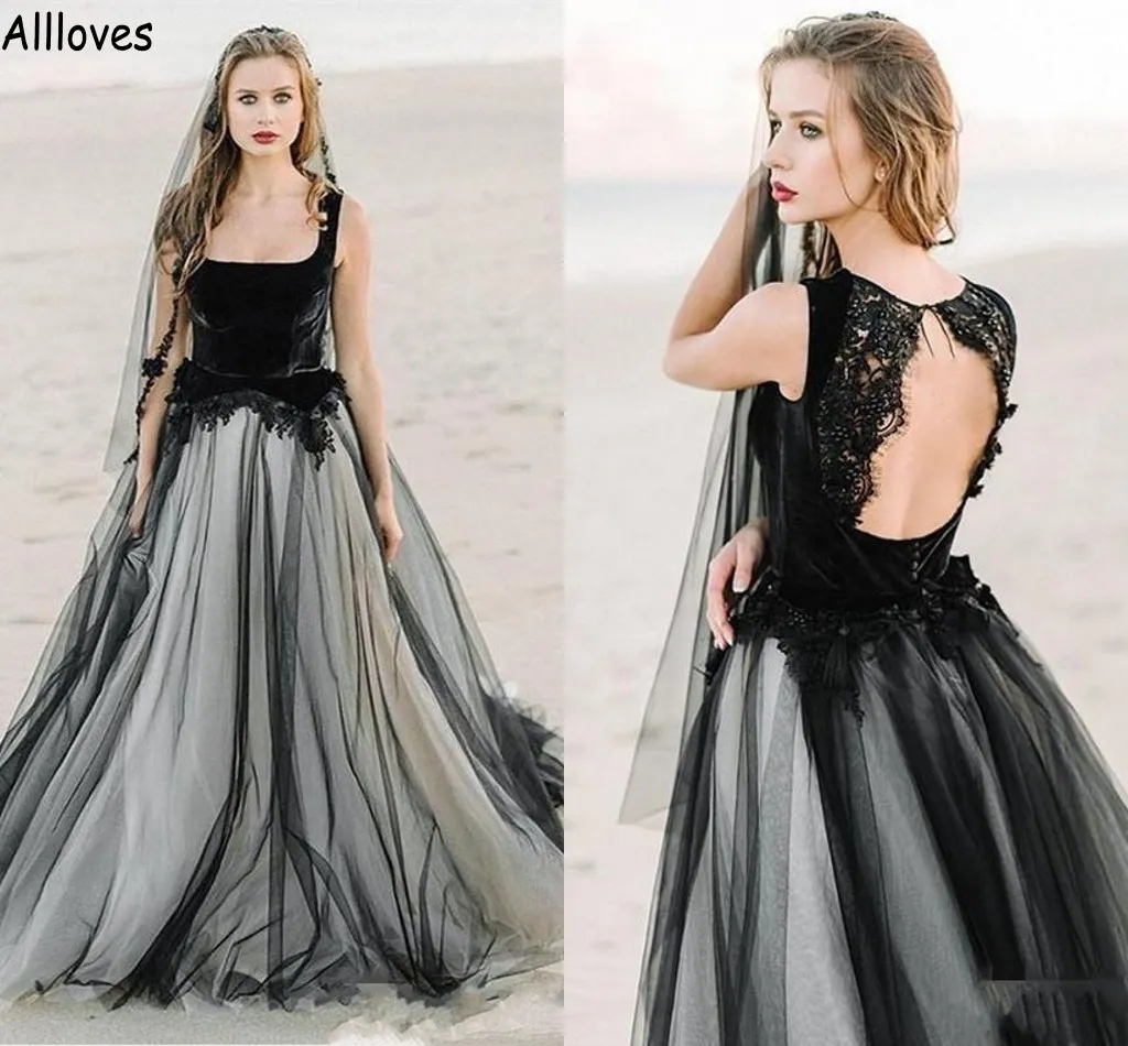 Gothic Black Velvet A Line Wedding Dresses Square Neck With Strpas Lace Appliqued Vintage Country Bridal Gowns Sexy Open Back Tulle Vestidos De Novia For Bride AL4619