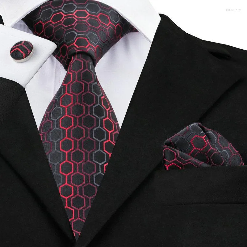 Papillon SN-584 Nero Dimgray Rosso Cravatta geometrica Hanky Gemelli Set da uomo in seta per uomo Festa di nozze formale Sposo