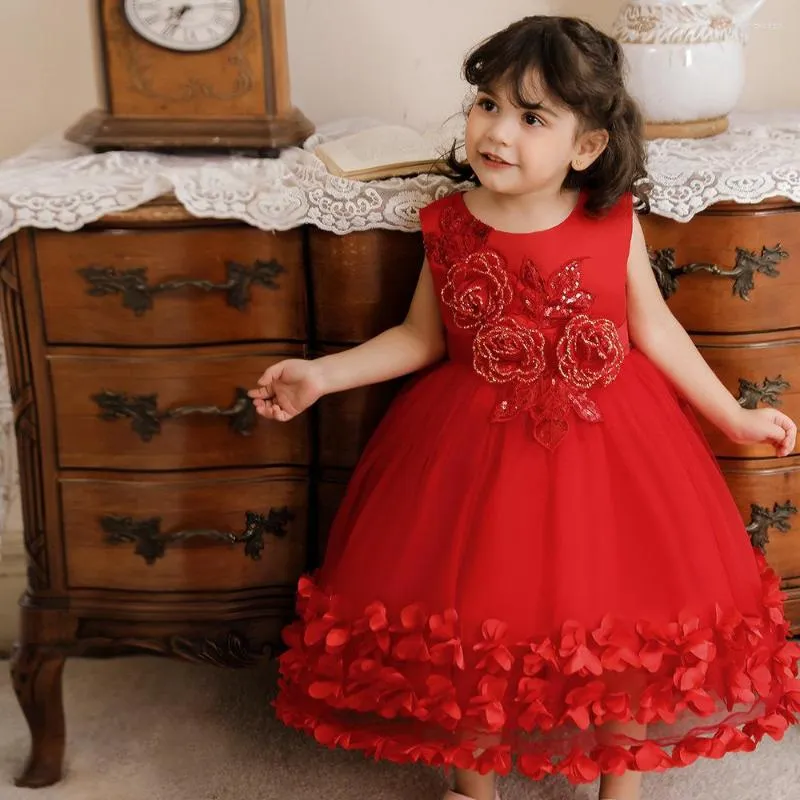 Kız Elbiseler Oldukça Kolsuz Kırmızı Düğün Partisi Çocuk Giyim 6m-4years Prenses El Yapımı Çiçekler Pageant çocuklar için kızlar Kostüm