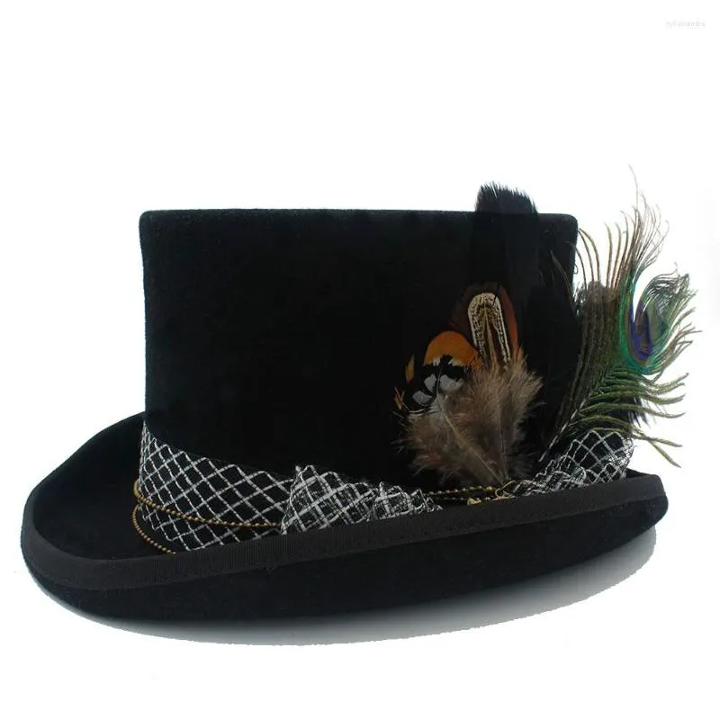 Berets Reine Wolle DIY Frauen Männer Fedora Hut Steampunk Steam Punk Gear Fedoras Modebrille Handgemachte Kappe Pfauenfedern 20