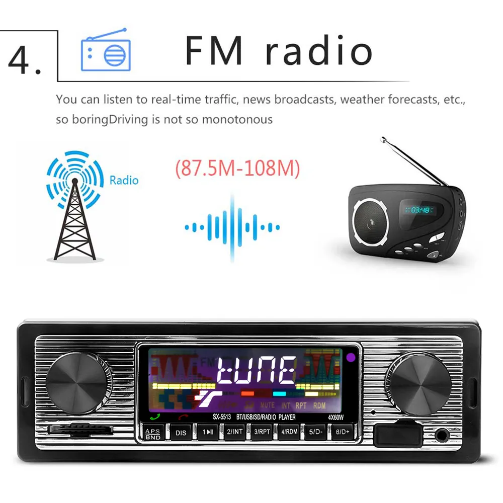 Bezprzewodowe Radio Samochodowe 1 din Bluetooth Retro MP3 Odtwarzacz Multimedialny AUX USB Odtwarzanie FM Vintage Stereo Odtwarzacz Audio Z Pilotem