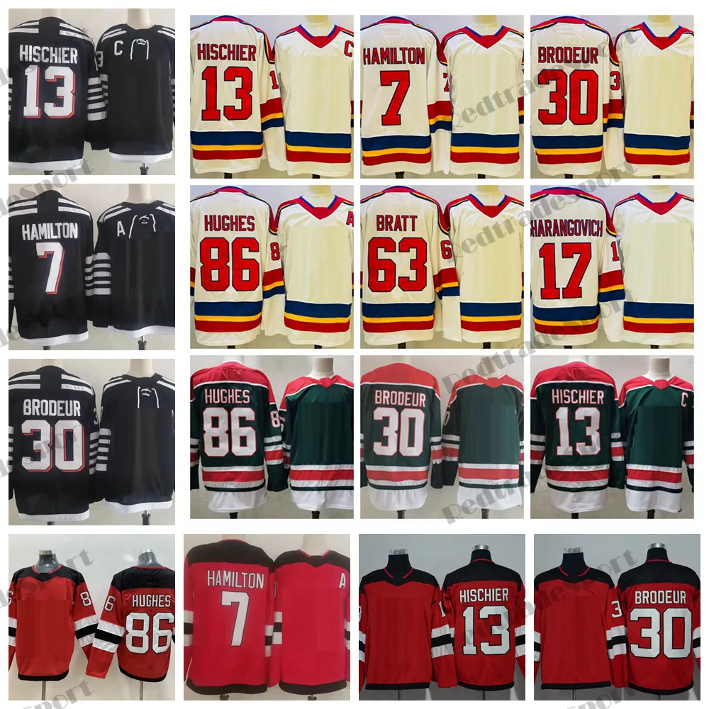 2022 Reverse Retro 13 Nico Hischier Hockey Jerseys 86 Jack Hughes 30 Martin Brodeur 7 Dougie Hamilton 63 Jesper Bratt 17 Yegor Sharangovich 2.0 Alternate Black Shirts