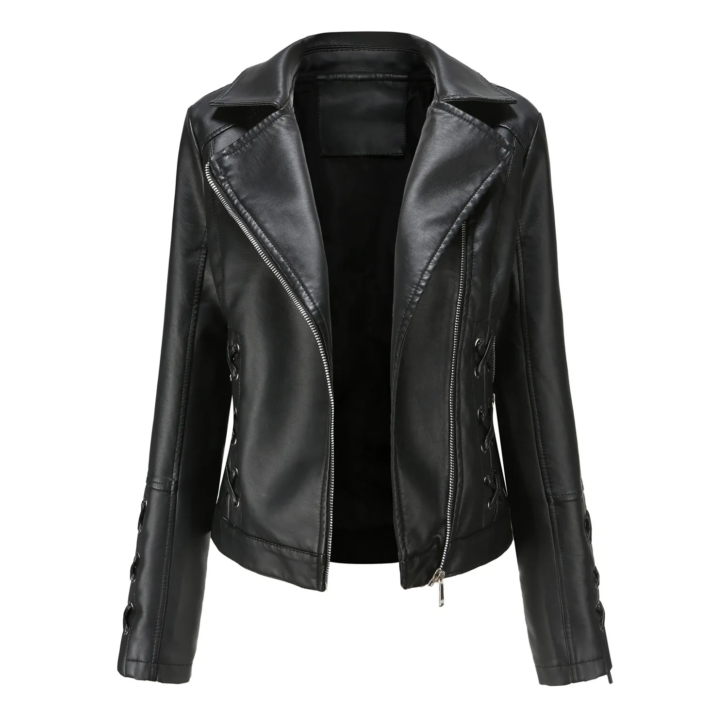 Stylish Womens Leather Coats Faux Jacket With Zipper Black Red
