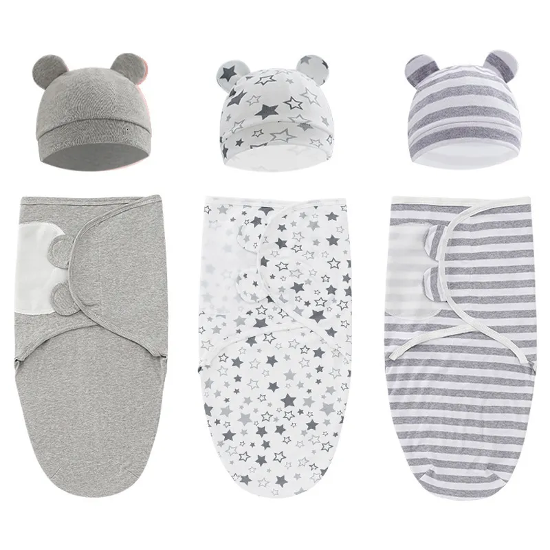 Filtar Svaddling 100% Organic Cotton Baby Swaddle Filt Wrap Hat Set för spädbarnsjusterbar född 3 månad 221205