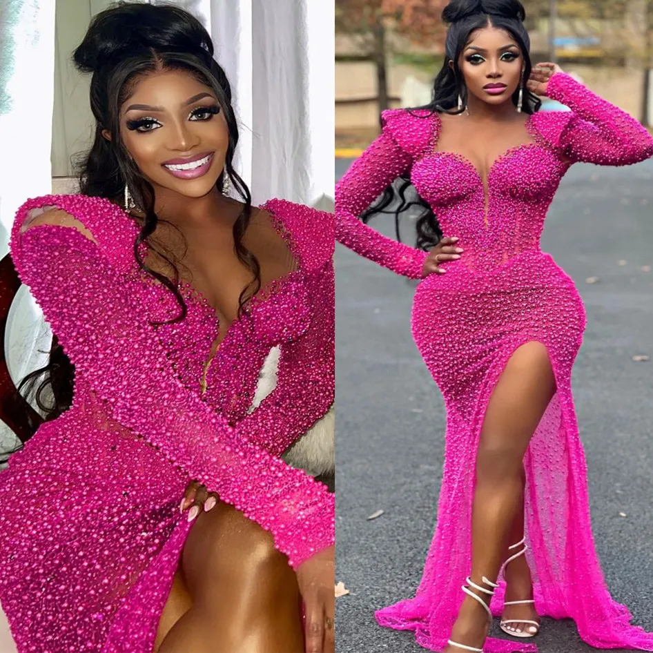 Arabski Aso Ebi Fuchsia Mermaid Dresses Pearls Cequined Lace Even Even Form Formal Party Drugi odbiór Brinday Reagement Suknia ZJ553 407