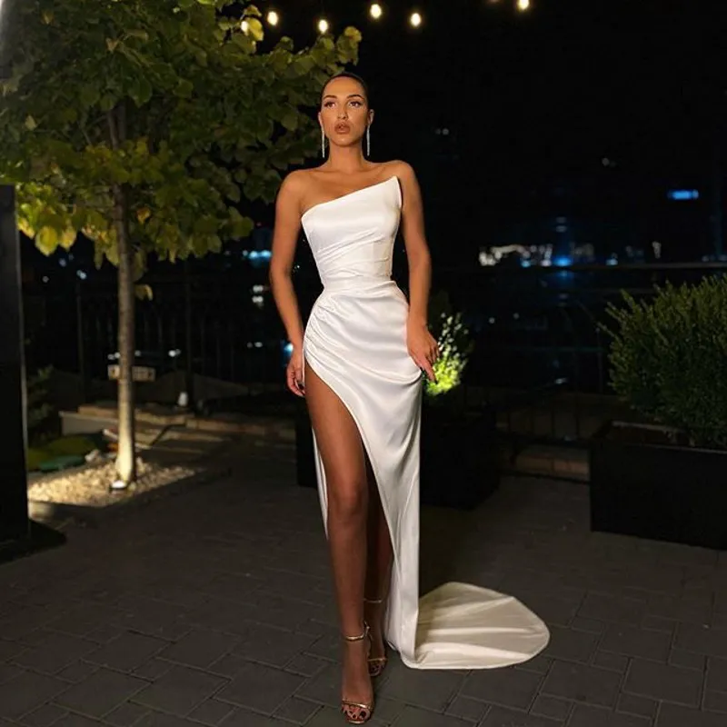 White Prom Dresses Long Straight High Slit Satin Party Gown Plus Size Strapless Sexy Formal Occasion Women Dress