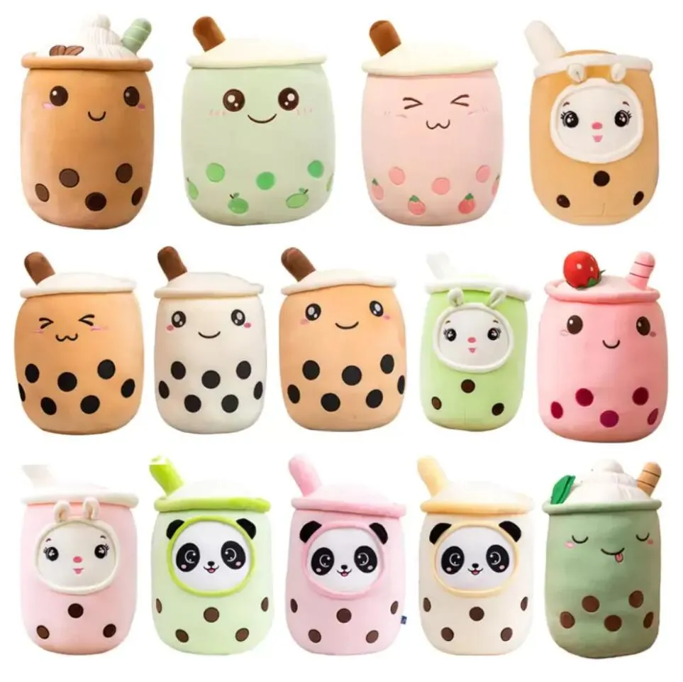 Kawaii liten tecknad bubbla te cup peluche leksaker rolig boba kudde fylld mjuk jordgubbe panda mjölk te kudde baby gåvor fy7949