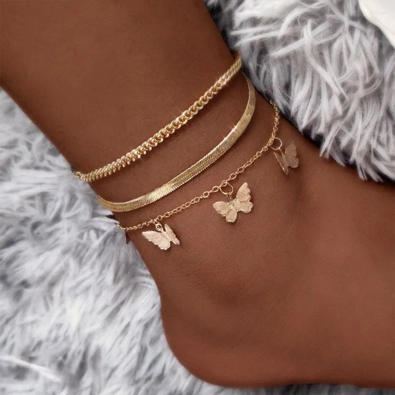 Enklets Boheemian Golden Metal Alloy Butterfly Chain For Women Beach Simple Snake Enkle Bracelet on Been Barefoot Sieraden