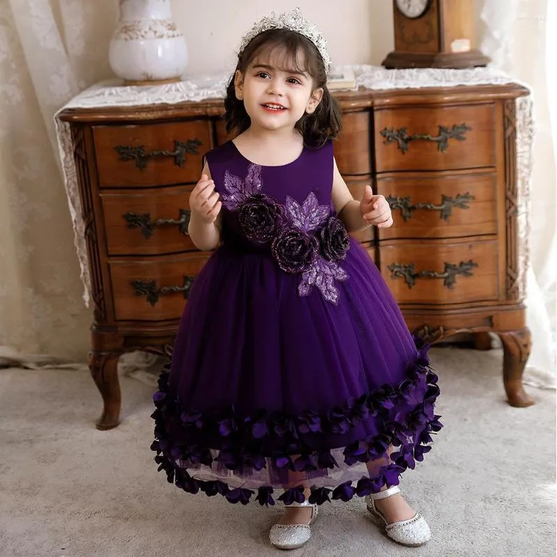 Girl Dresses Princess Ball Gown Party Tutu Dress For Brithday Wedding Kids Gowns Purple Handmade FlowersChildren Clothing 2022