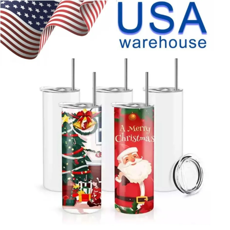 USA Warehouse Sublimation Tumblers Blank 20 oz White Straight Blanks Heat Press Mug Cup With Straw 16oz Glass Cola Can With Bamboo Lid BB1206