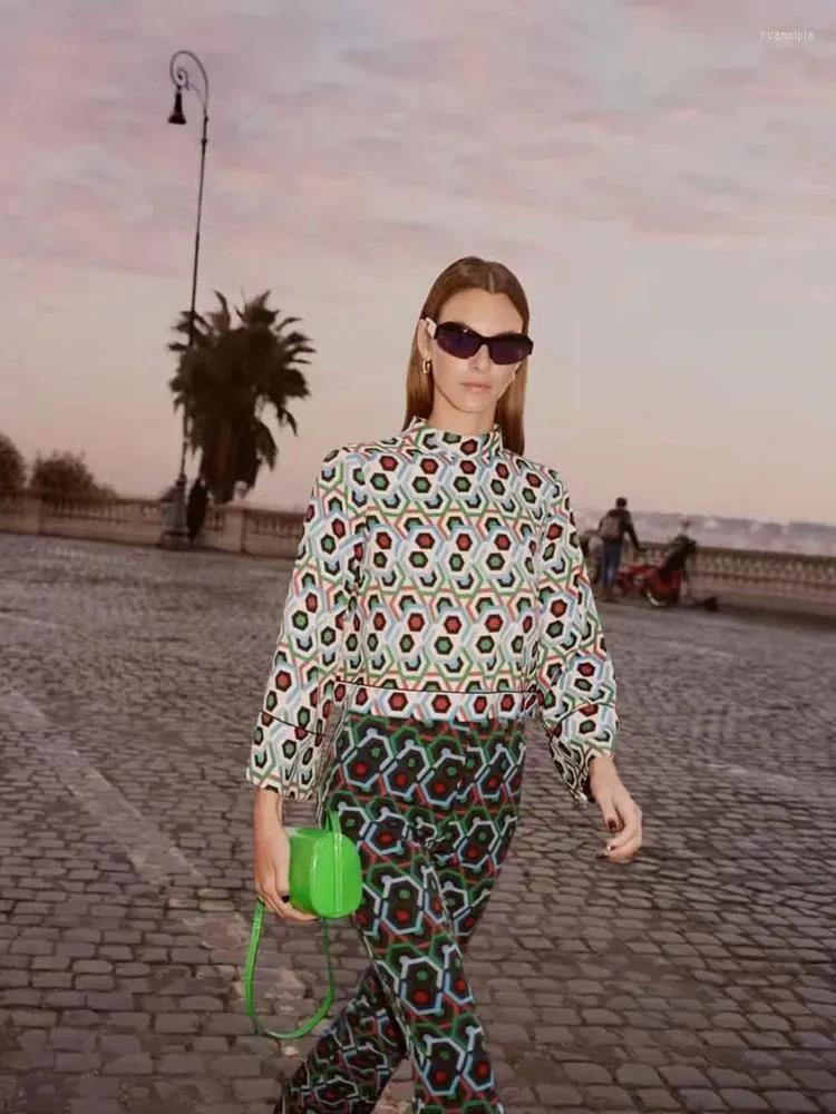 Bluzki damskie Xikom 2022 Kobiety zabytkowe stojak na kołnierz geometryczny nadruk krótki smock lady Chic Casual Shirt Blusas Tops