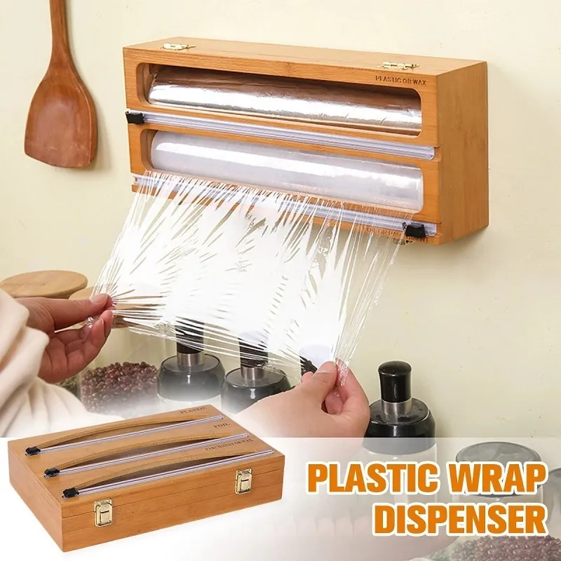 Autres outils de cuisine Wrap Dispenser Cutter Foil Plastics Organizer Food Cling Film Drawer Aluminium Slide Bamboo Reusable Smoothly Cutting Holder 221205
