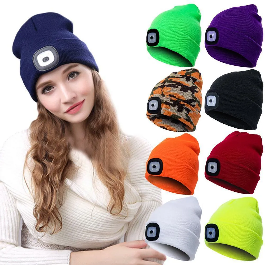 BEANIESKULL CAPS SANWOOD UNISEX 야외 자전거 하이킹 LED 조명 니트 모자 겨울 탄성 비니 캡 모자 조명 XMAS 선물 221205