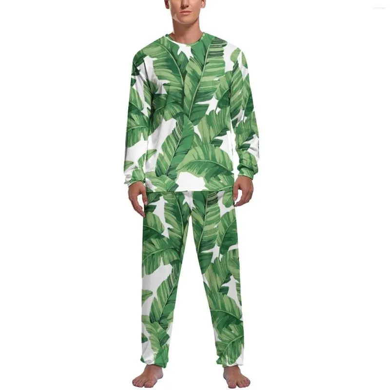 Pijama de folhas de banana de roupas de sono masculina 2 peças impressão tropical de pijama romântico de pijama