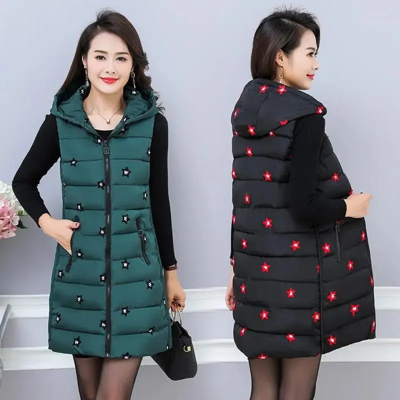 Women's Vests Cotton Vest Women Autumn Winter Mother Down Jacket Loose Coat Thickened Zipper Waistcoat Mid-Long Printing Hooded Outerwear