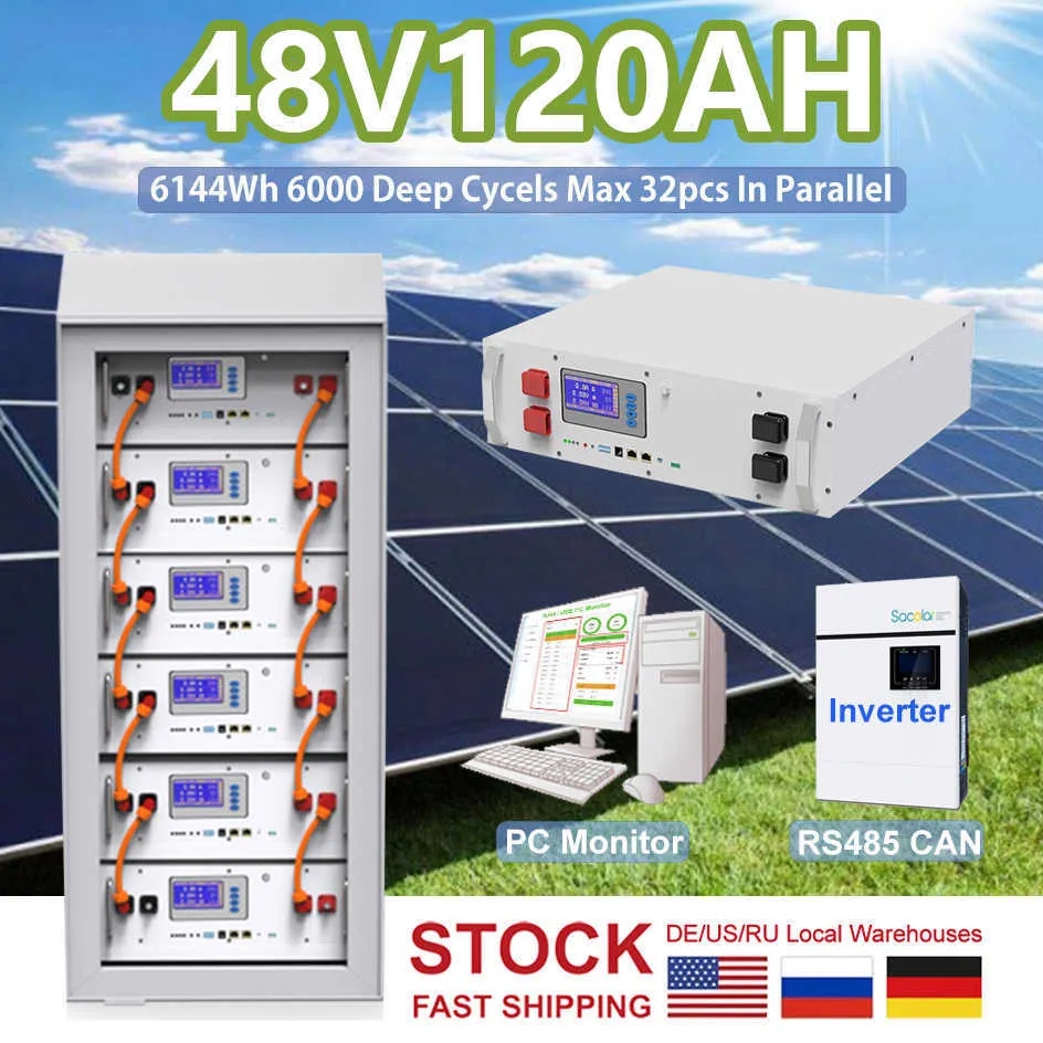 48V 120Ah 100Ah LiFePO4 Battery Pack 6000 Deep Cycle 51.2V 6.14Kw Solar Rechargeable Inverter Battery Max 32 Parallel EU NO TAX