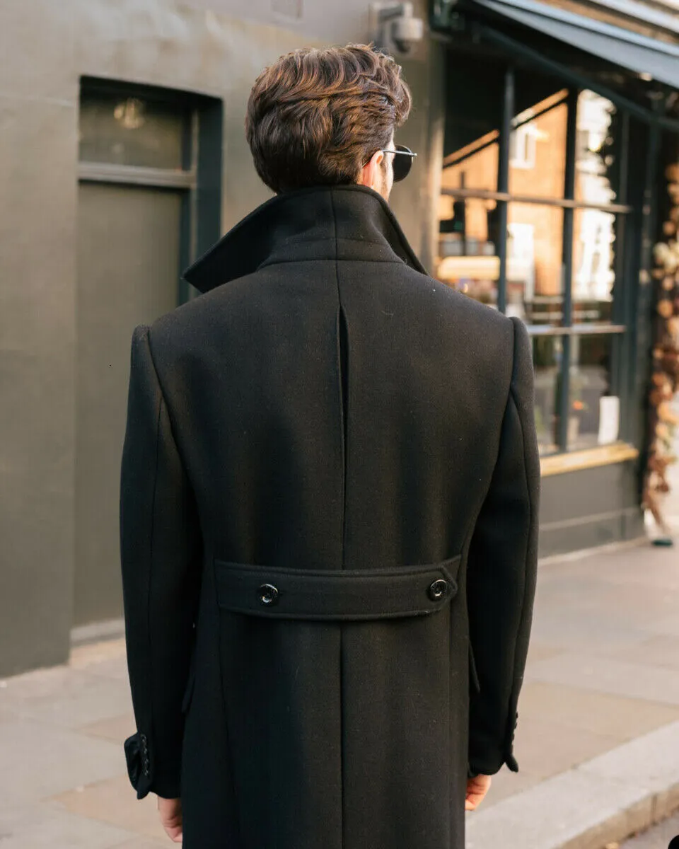 Mens Wool Blends Men Long Coat Black Double Breasted TailorMade