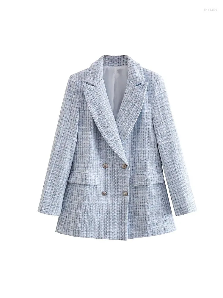 Trajes de mujer moda mujer azul Tweed Blazer chaqueta 2022 doble botonadura manga larga solapa bolsillos abrigo Vintage Oficina señora elegante