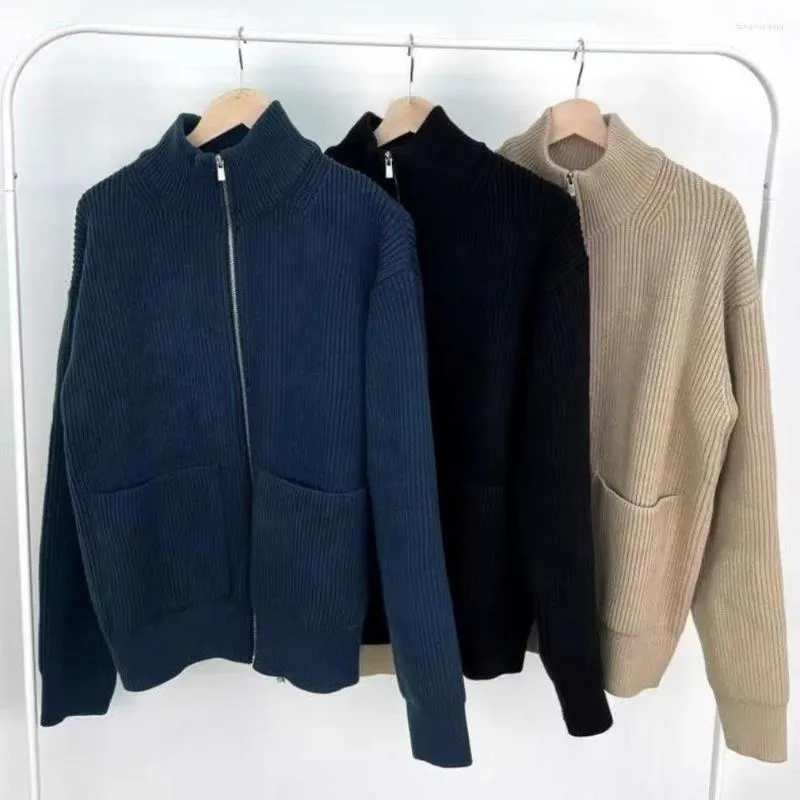 Giacche da uomo Cardigan lavorato a maglia Cerniera semplice Colletto alla coreana Giacca da maglione con tasche grandi Abbigliamento da uomo