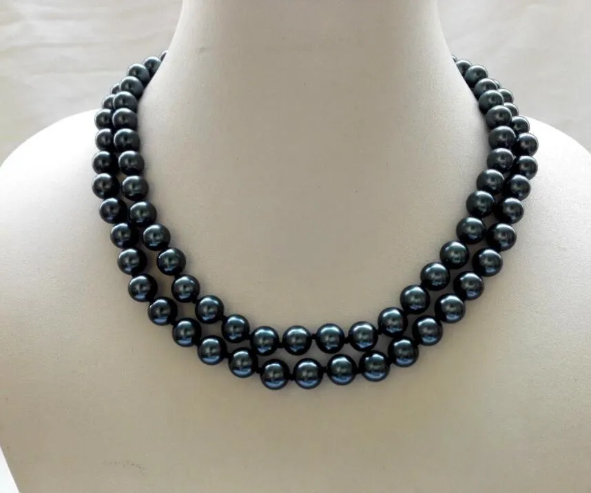 Collier de perles naturelles rondes noires à 2 brins de 8 à 9 mm, 18 à 19 pouces