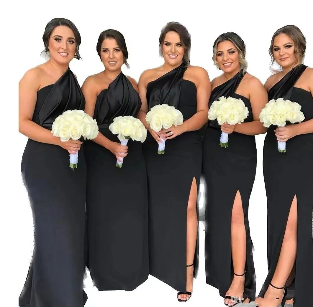 2023 New Black One Shoulder Bridesmaid Dresses Side Split Spring Summer Countryside Garden Formal Wedding Party Guest Gowns Plus Size Custom Made GC1205
