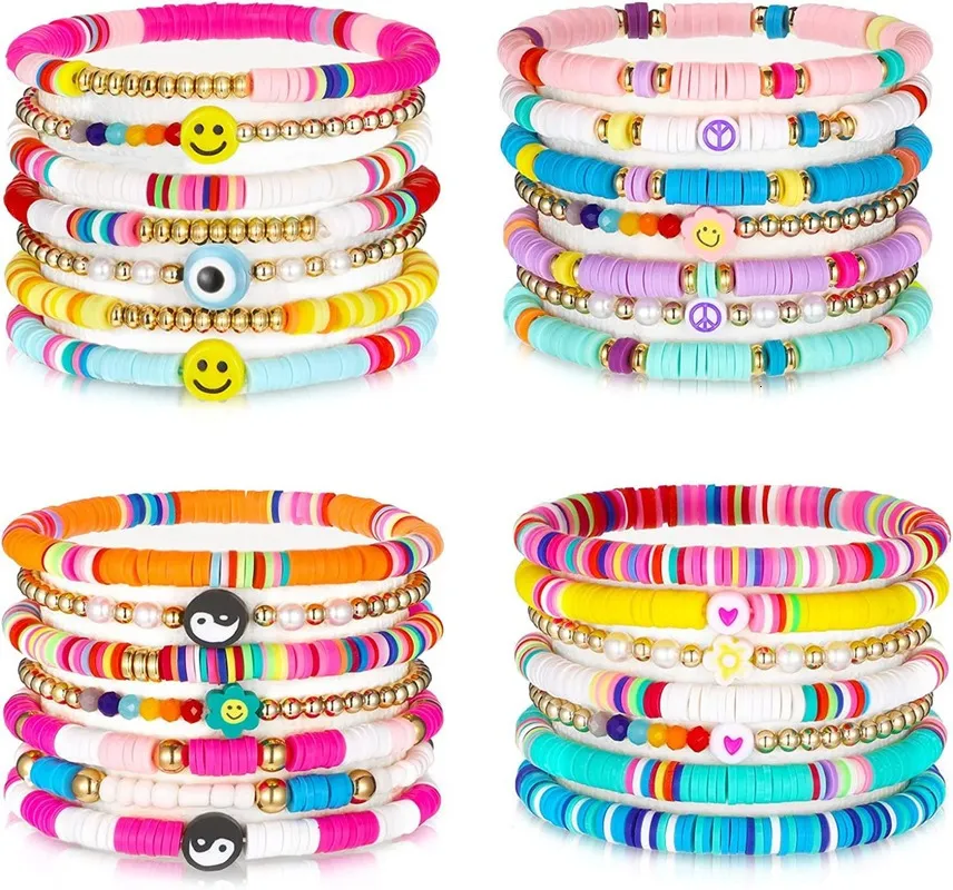 Bracelets porte-bonheur 28 pièces 4 ensemble coloré Preppy Happy Smile perlé argile extensible empilable Boho disque 221206