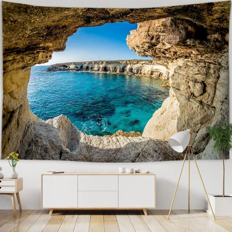 Tapisserier Ocean Landscape Wall Tapestry Sunset Sailboat Esull Tyg Hängande dekor matta strand hem