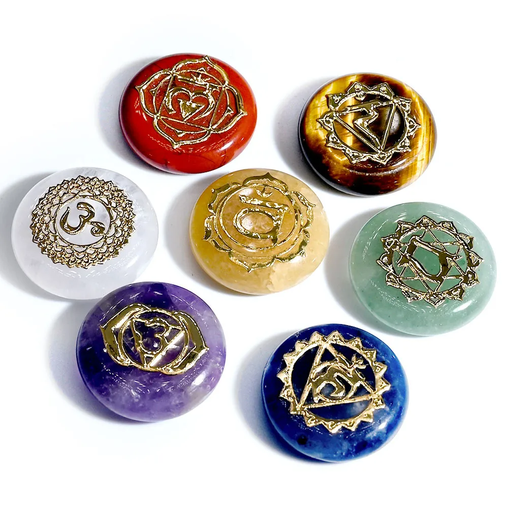 Natural Crystal Seven Color Stone 18mm Round Piece Yoga Symbol Pärlor Ornament Craft Amethyst Topaz Bag Set