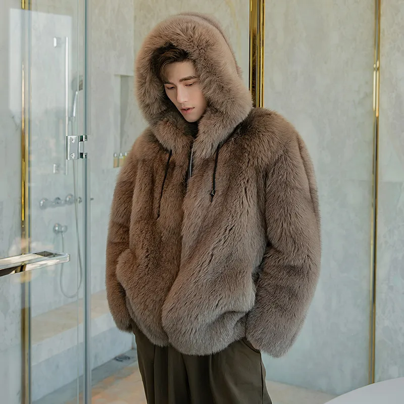 Mens New Fashion Full Pelt Pink Real Fox Fur Hood Coat Nature Fur Jacket  Outwear