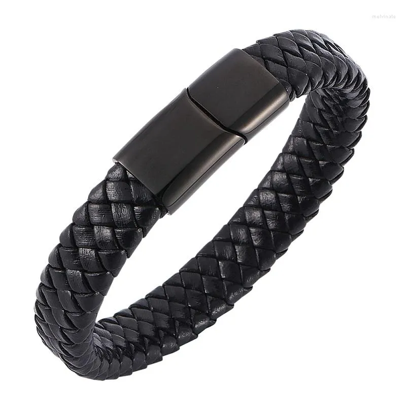 Bangle ELANUOYY Men Fashion Jewelry Black Braided Leather Bracelet Stainless Steel Magnetic Clasp Weave Bangles Gifts