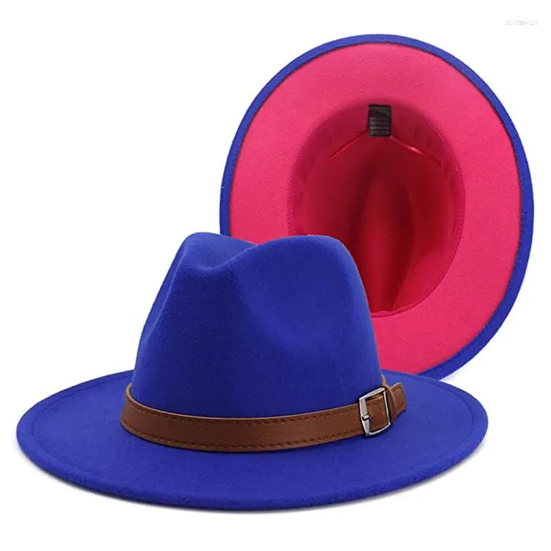 Boinas de boina de inverno larga chapéus fedora para mulheres azul vermelho clássico dois tons felt homens moda moda cowboy jazz chapéu marrom cinto